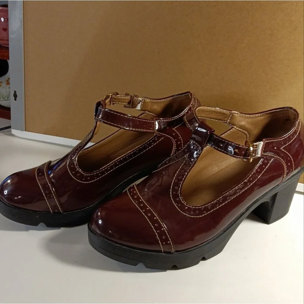 Dadawen Women's Black Cherry Red T-strap Round Toe Oxford Platform Shoes 11.5